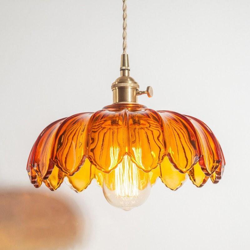 Vintage-LED-Pendelleuchte aus Glas im Jugendstil mit Lotusmotiv, inklusive Leuchtmittel