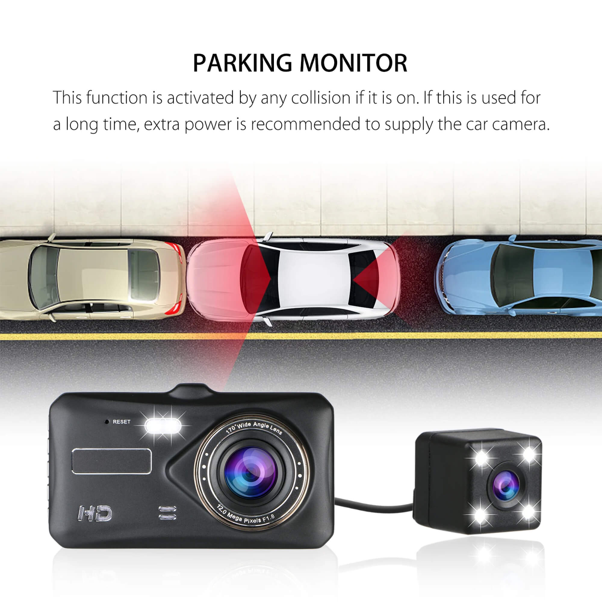 Bezdrátová duální autokamera — přední a zadní video v rozlišení 1080p, 4palcový LCD displej