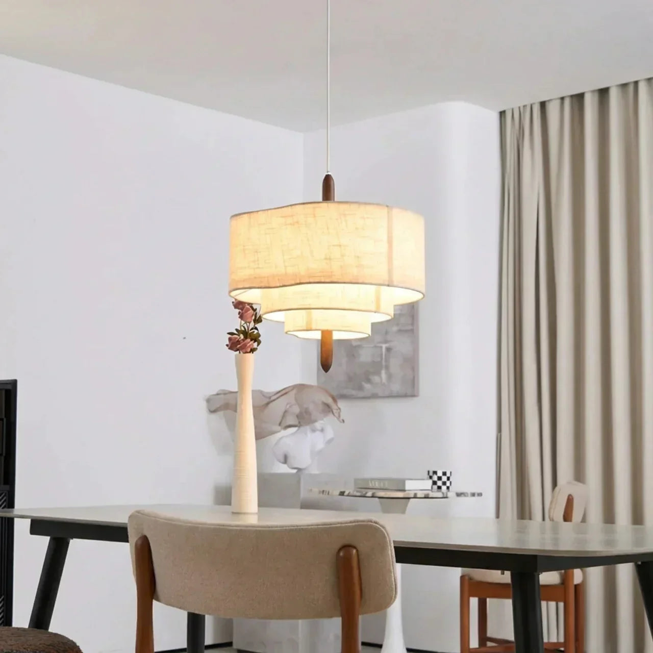 Lampada a sospensione in tessuto a strati — paralume a più livelli, montaggio cablato