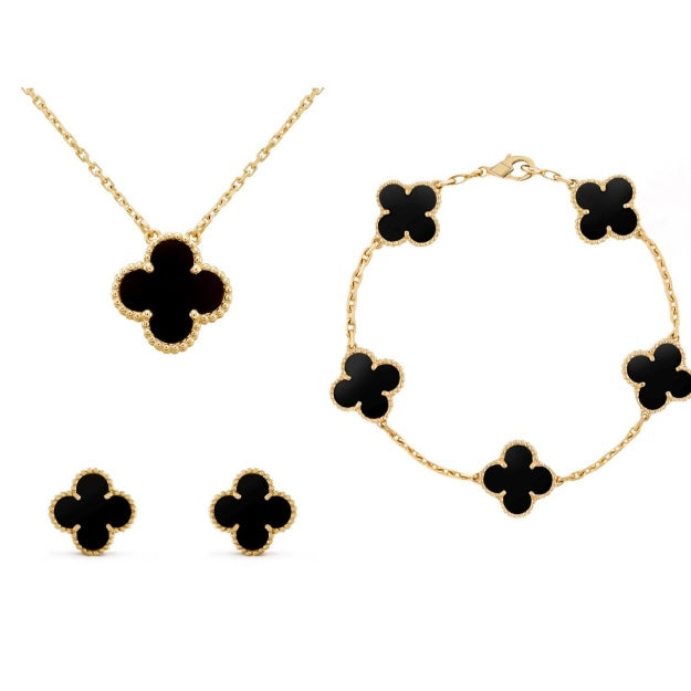 Nova Amber Clover Three-Piece Jewelry Set — Matching Necklace, Bracelet, and Earrings
