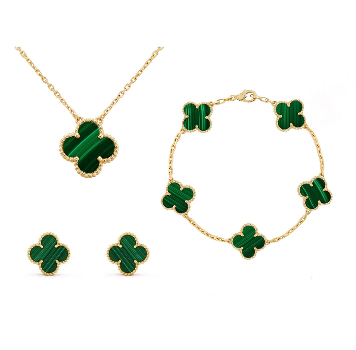 Nova Amber Clover Three-Piece Jewelry Set — Matching Necklace, Bracelet, and Earrings