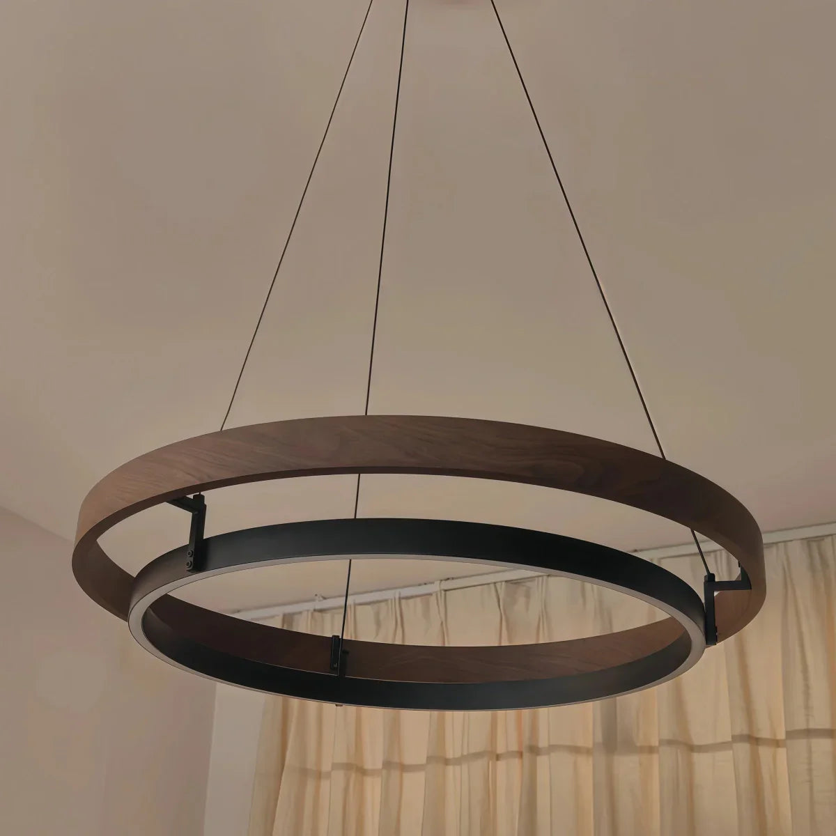 Modern Farmhouse Chandelier – Wood & Black Acrylic Circular LED for Dining Room - Flindria