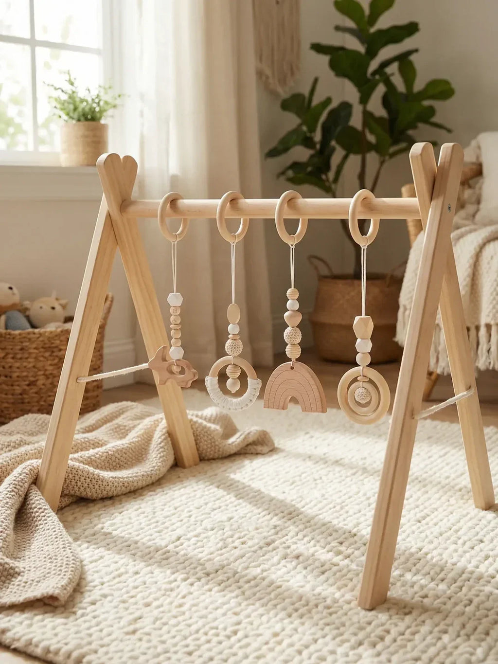 Wooden Baby Play Gym — Set of 4 Hanging Sensory Toys