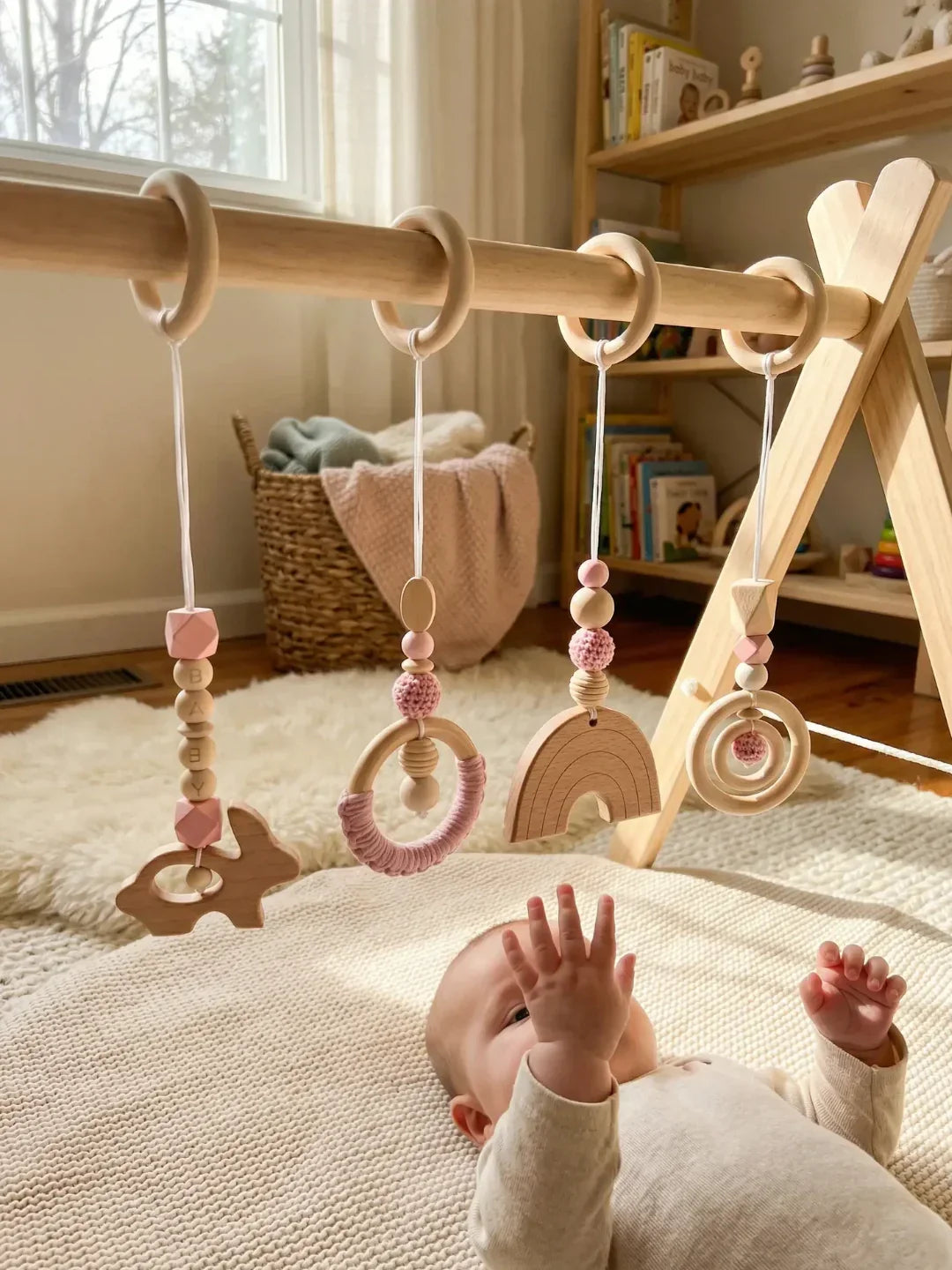 Wooden Baby Play Gym — Set of 4 Hanging Sensory Toys