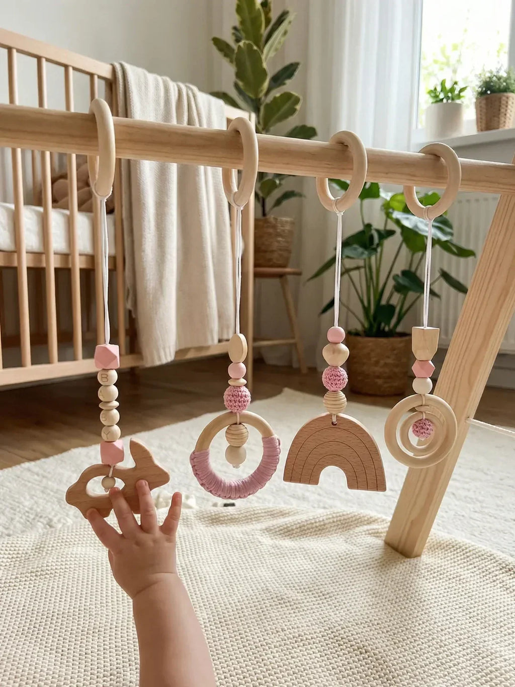 Wooden Baby Play Gym — Set of 4 Hanging Sensory Toys