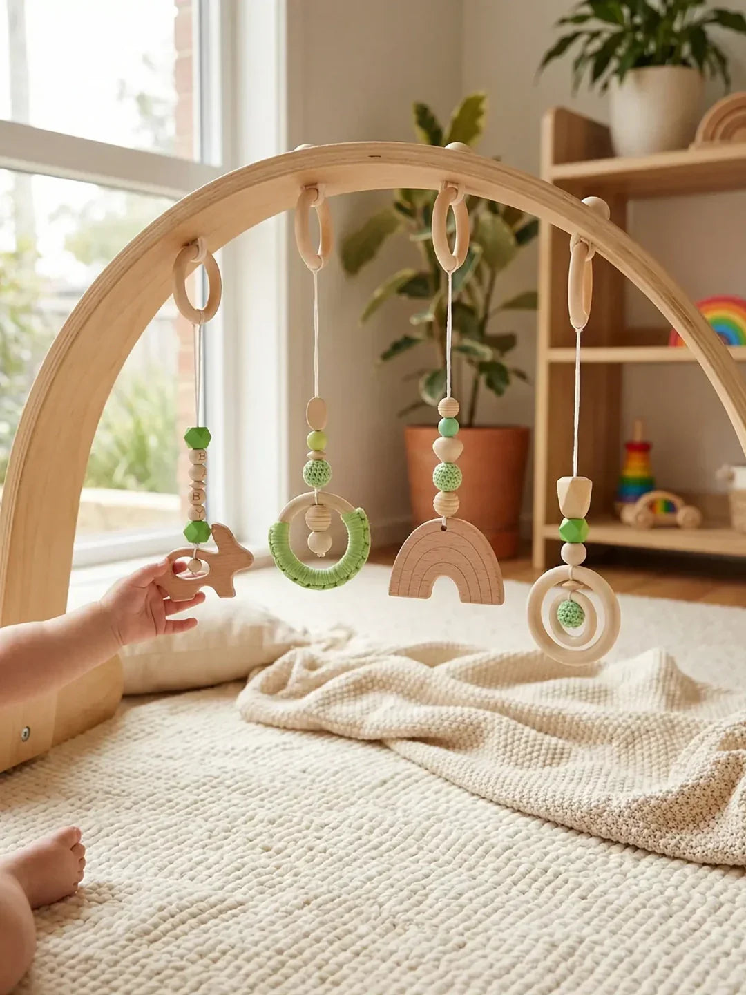 Wooden Baby Play Gym — Set of 4 Hanging Sensory Toys