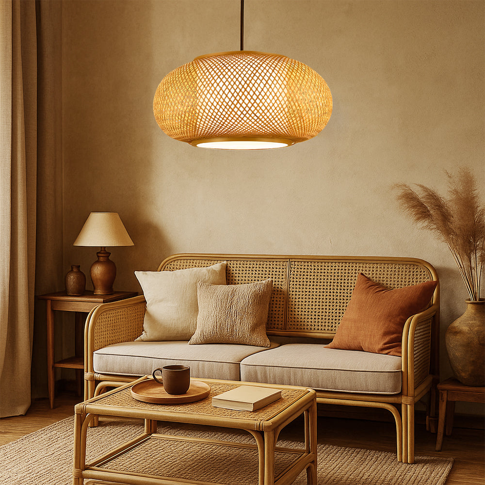 Birano Bamboo Pendant Light With Airy Lattice Shade Soft Glow