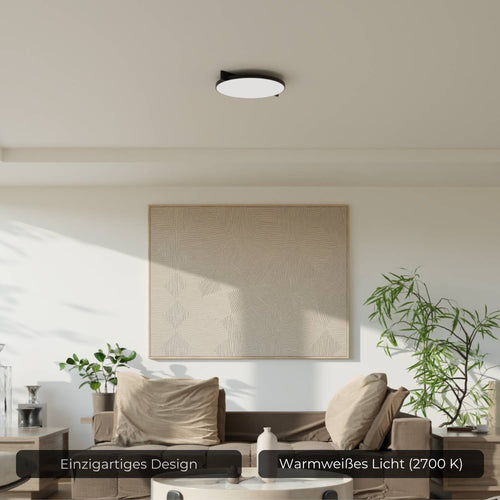 2700K varm loftlampe — planmonteret, blød ravfarvet tone, bredt diffust lysudbredelse