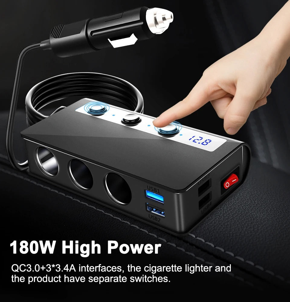 NovaCharge 180W-laddare för fordon med fyra portar — USB-portar, cigarettändaruttag