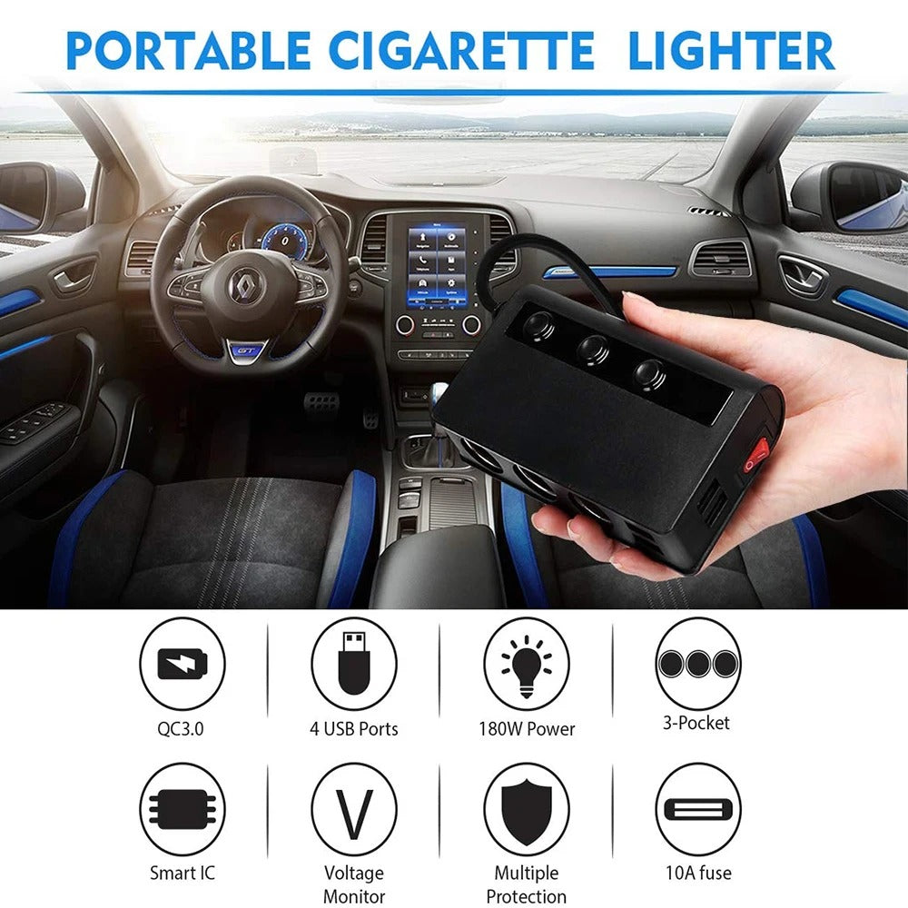 NovaCharge 180W-laddare för fordon med fyra portar — USB-portar, cigarettändaruttag