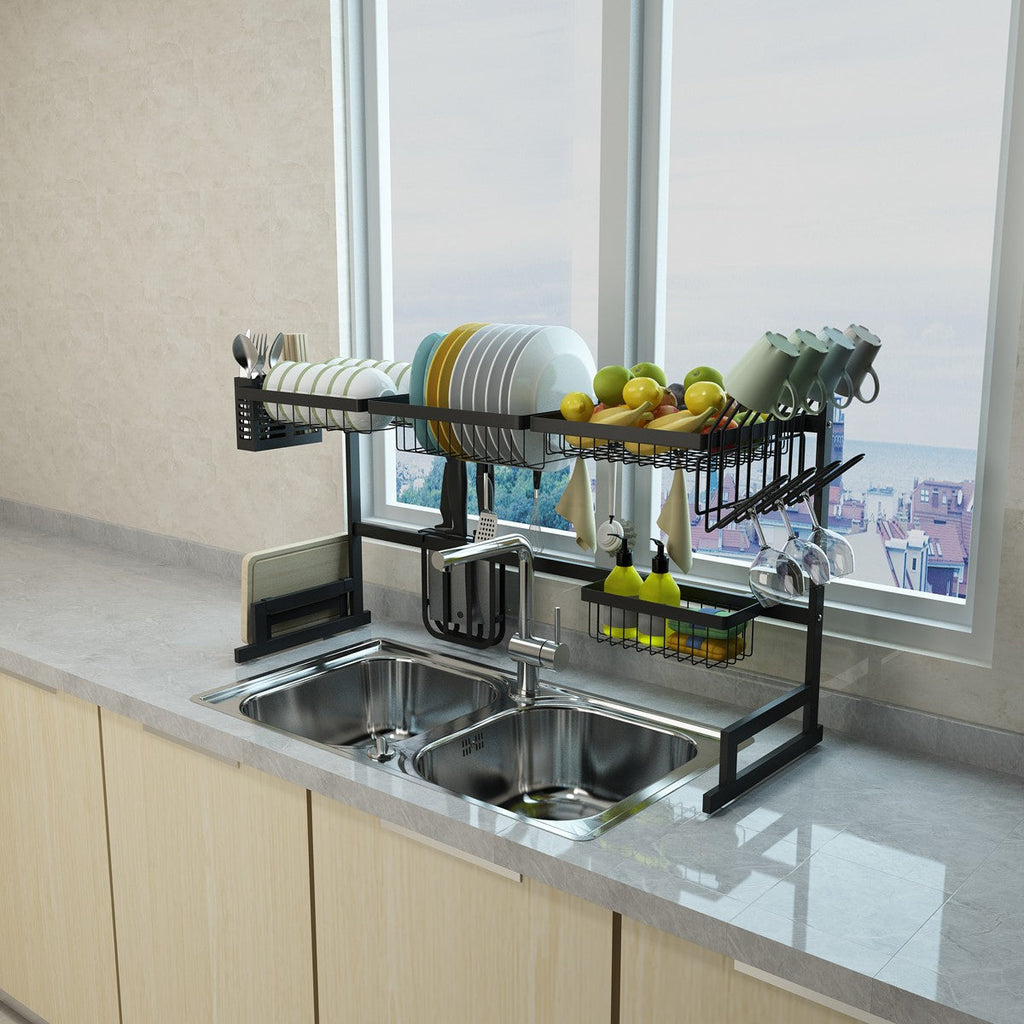34.6" Stainless Steel Black Dish Drying Rack Over Kitchen Sink, Dishes and Utensils Draining Shelf | Filindra