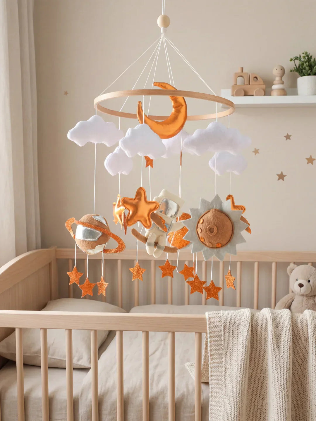 Compact Wooden Baby Mobile and Hanging Support Arm Set