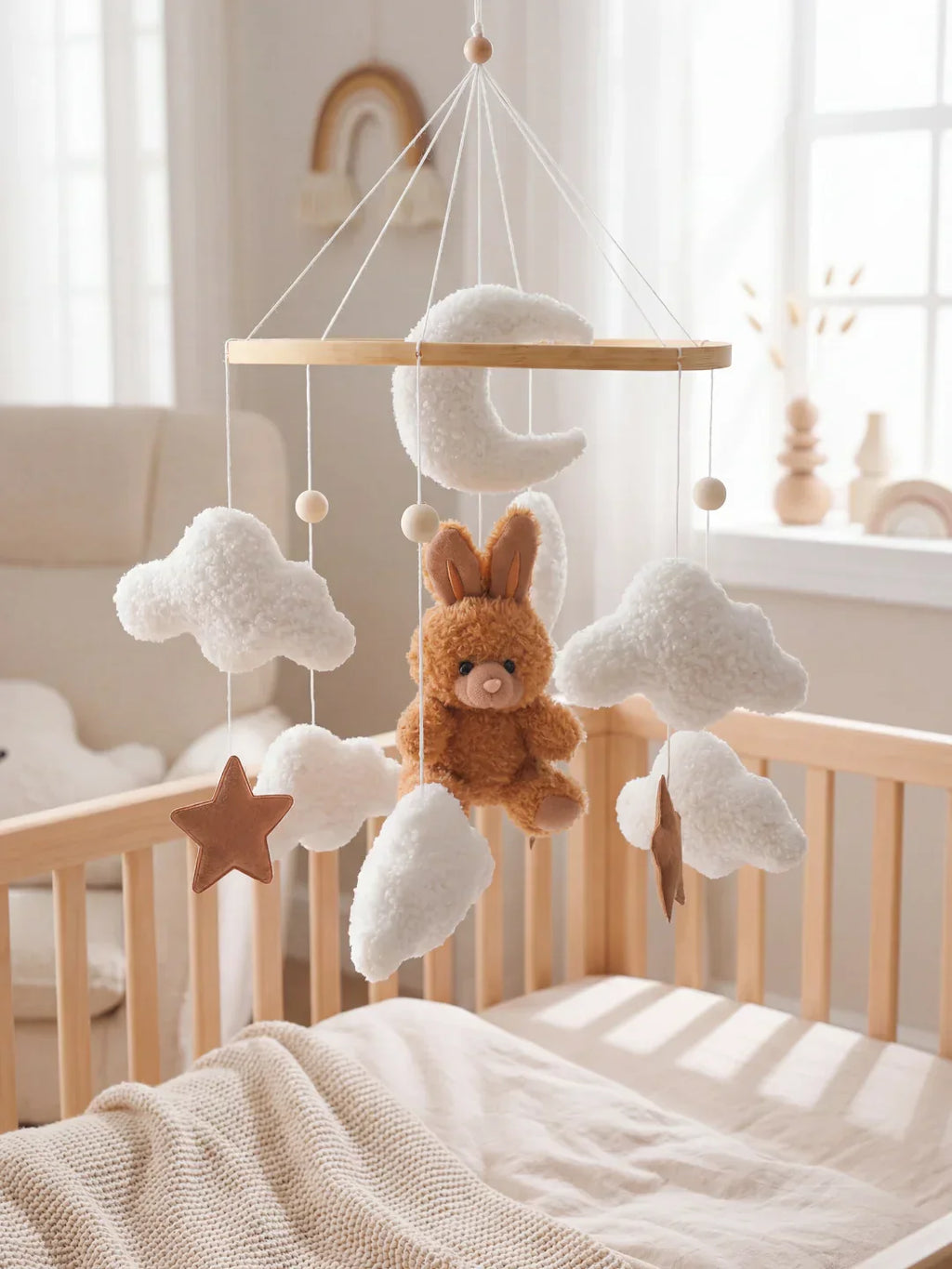 Compact Wooden Baby Mobile and Hanging Support Arm Set