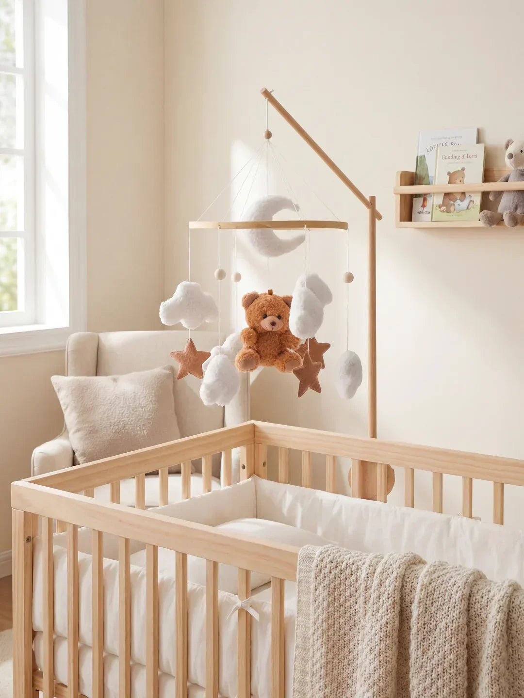 Compact Wooden Baby Mobile and Hanging Support Arm Set