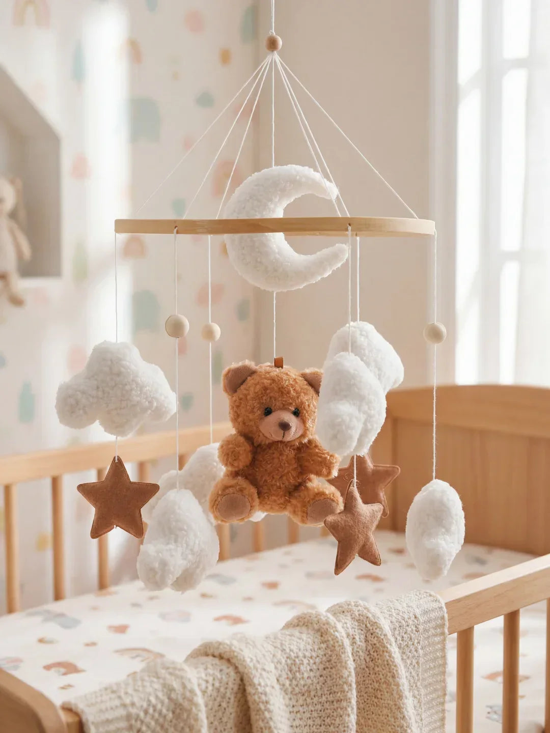 Compact Wooden Baby Mobile and Hanging Support Arm Set
