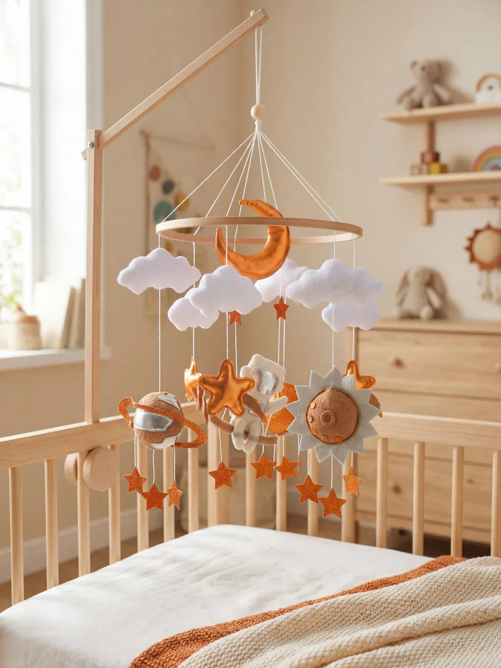Compact Wooden Baby Mobile and Hanging Support Arm Set