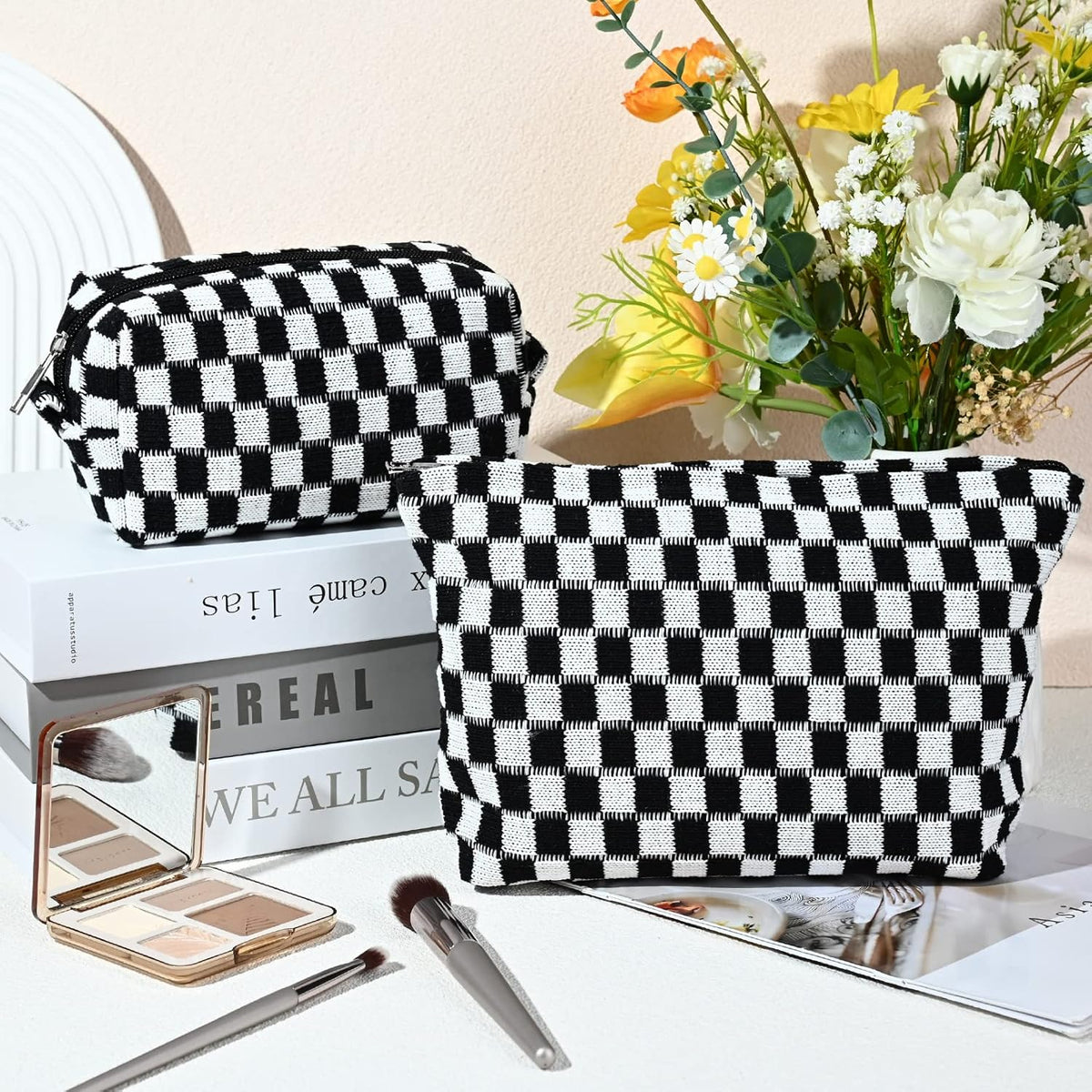 Checked Two-Piece Makeup Bag Set — Compact Cosmetic Organizer