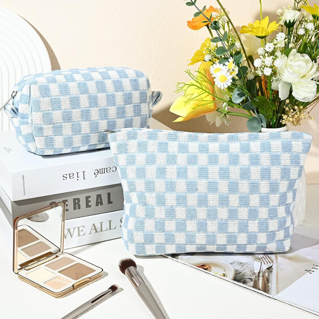 Checked Two-Piece Makeup Bag Set — Compact Cosmetic Organizer