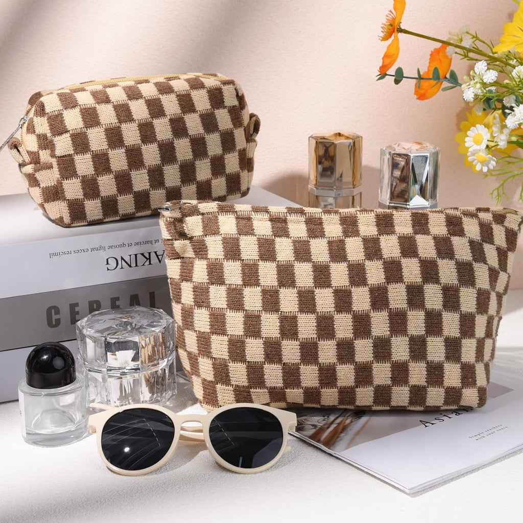 Checked Two-Piece Makeup Bag Set — Compact Cosmetic Organizer