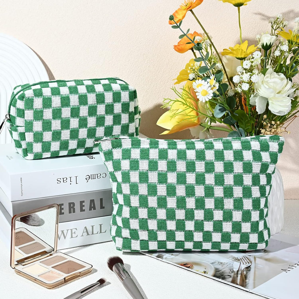 Checked Two-Piece Makeup Bag Set — Compact Cosmetic Organizer