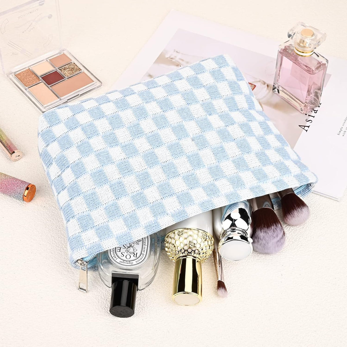 Checked Two-Piece Makeup Bag Set — Compact Cosmetic Organizer