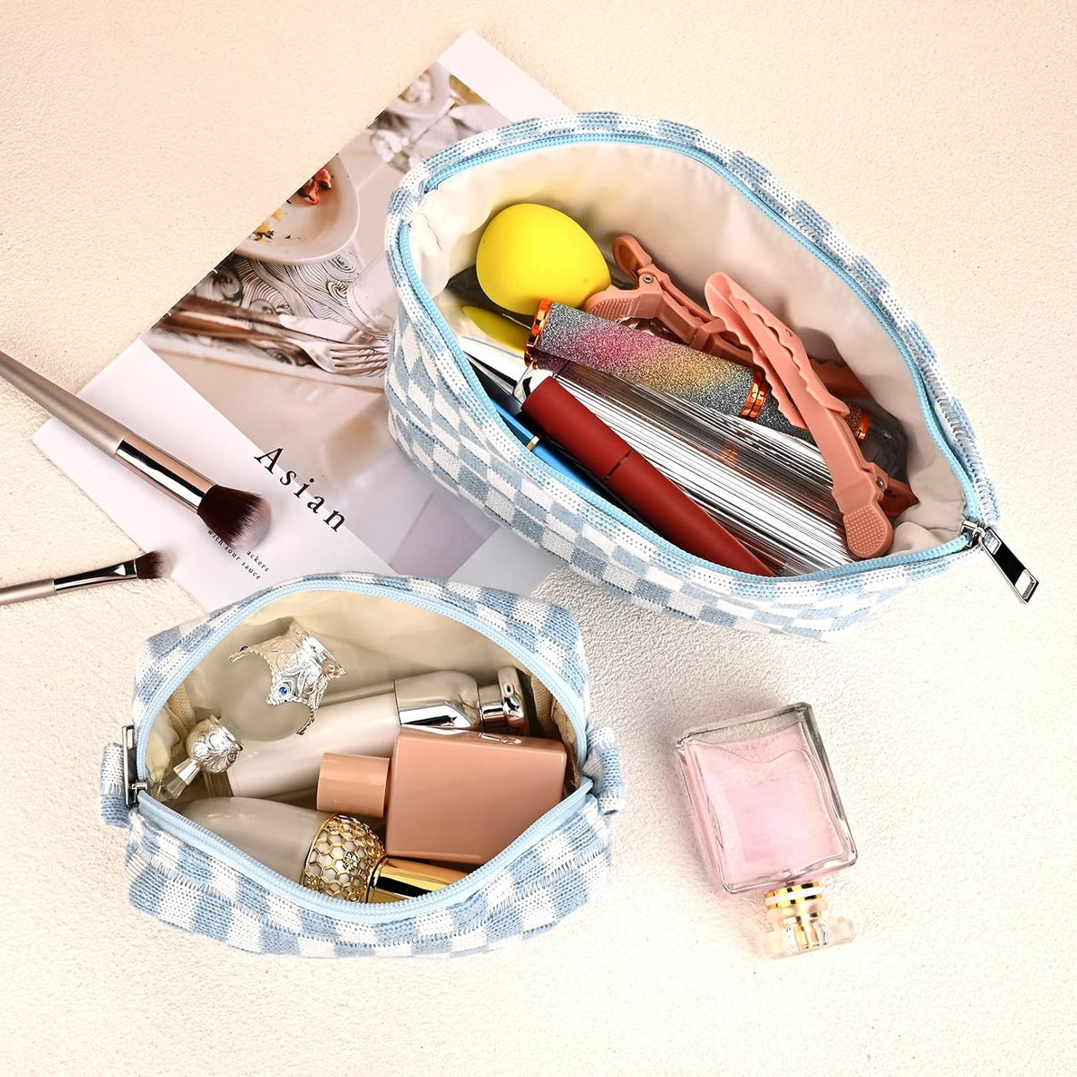Checked Two-Piece Makeup Bag Set — Compact Cosmetic Organizer