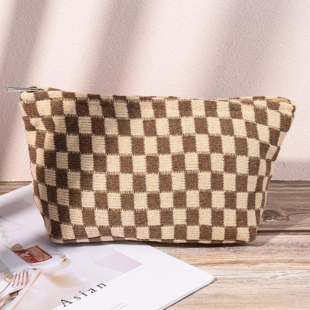 Checked Two-Piece Makeup Bag Set — Compact Cosmetic Organizer