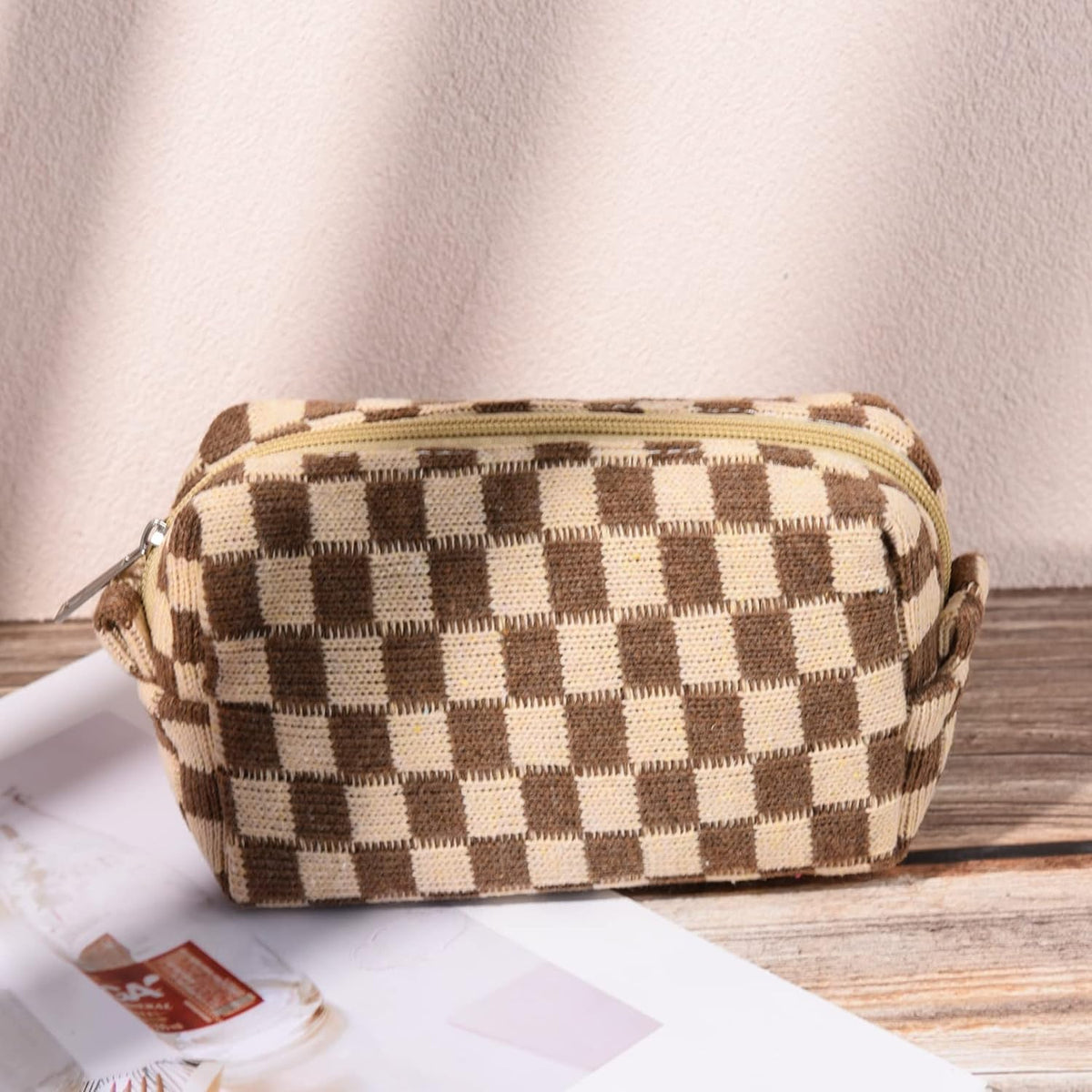 Checked Two-Piece Makeup Bag Set — Compact Cosmetic Organizer