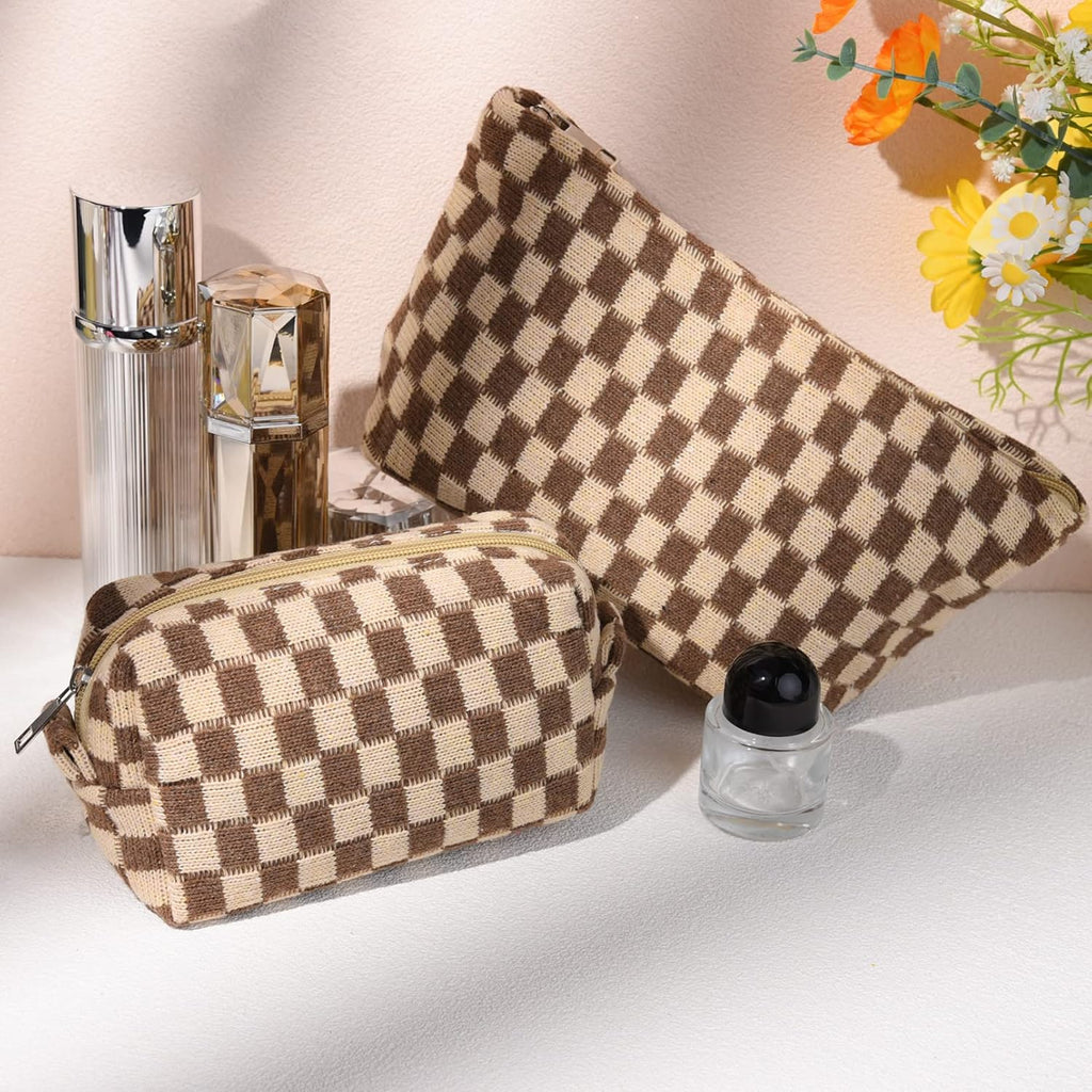 Checked Two-Piece Makeup Bag Set — Compact Cosmetic Organizer