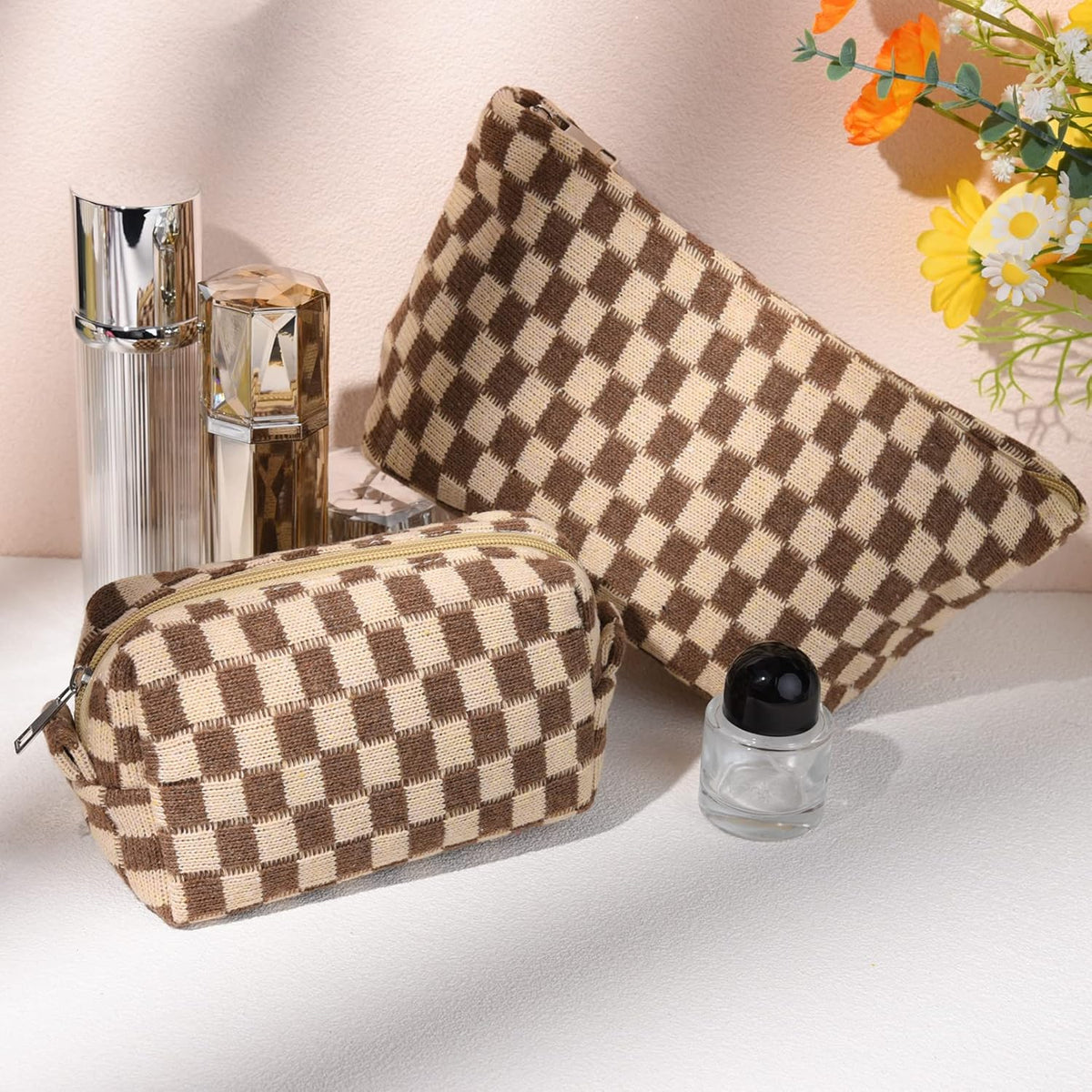 Checked Two-Piece Makeup Bag Set — Compact Cosmetic Organizer