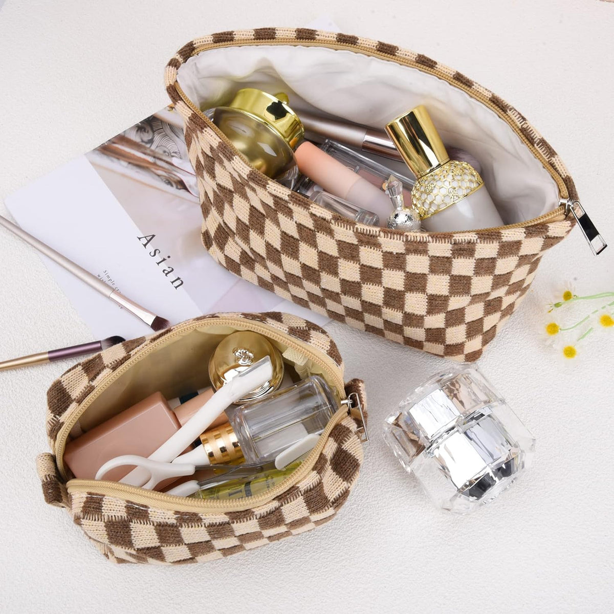 Checked Two-Piece Makeup Bag Set — Compact Cosmetic Organizer