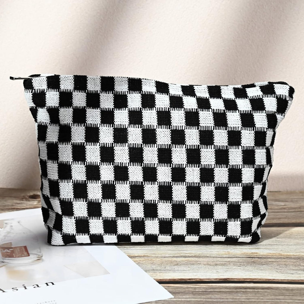 Checked Two-Piece Makeup Bag Set — Compact Cosmetic Organizer