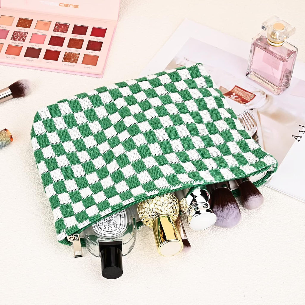 Checked Two-Piece Makeup Bag Set — Compact Cosmetic Organizer