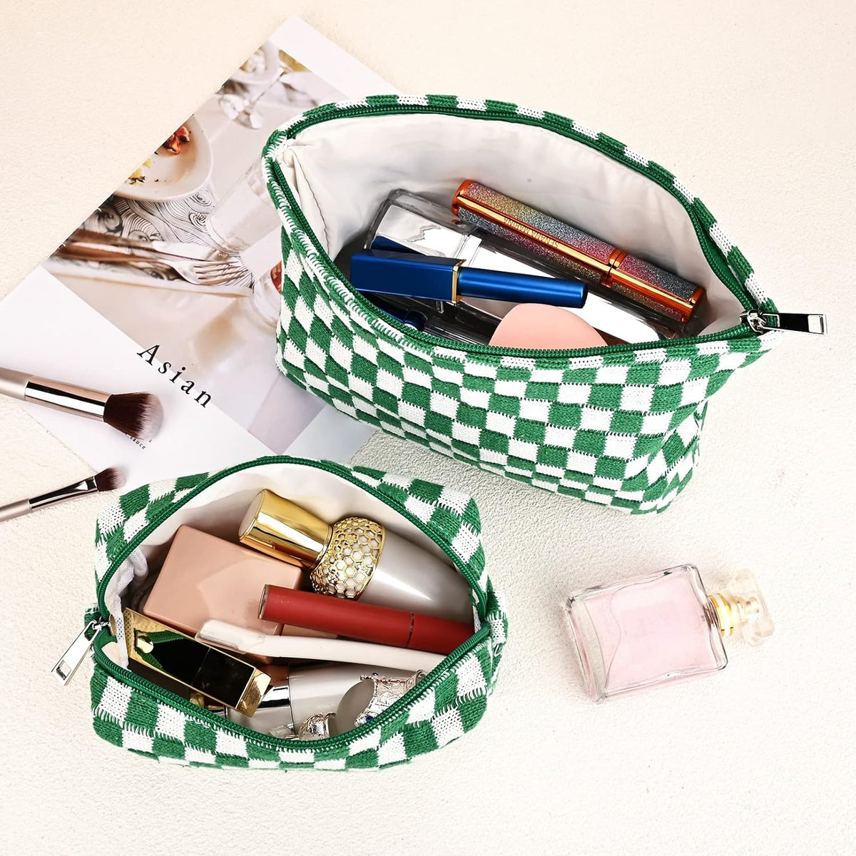 Checked Two-Piece Makeup Bag Set — Compact Cosmetic Organizer