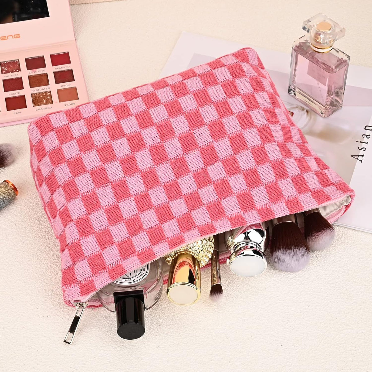 Checked Two-Piece Makeup Bag Set — Compact Cosmetic Organizer