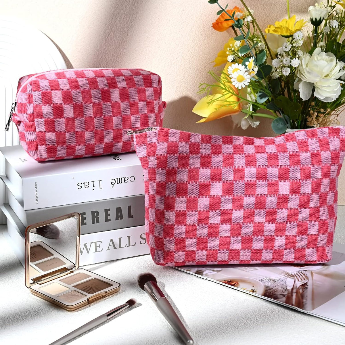 Checked Two-Piece Makeup Bag Set — Compact Cosmetic Organizer