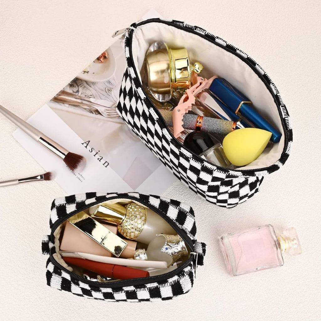 Checked Two-Piece Makeup Bag Set — Compact Cosmetic Organizer