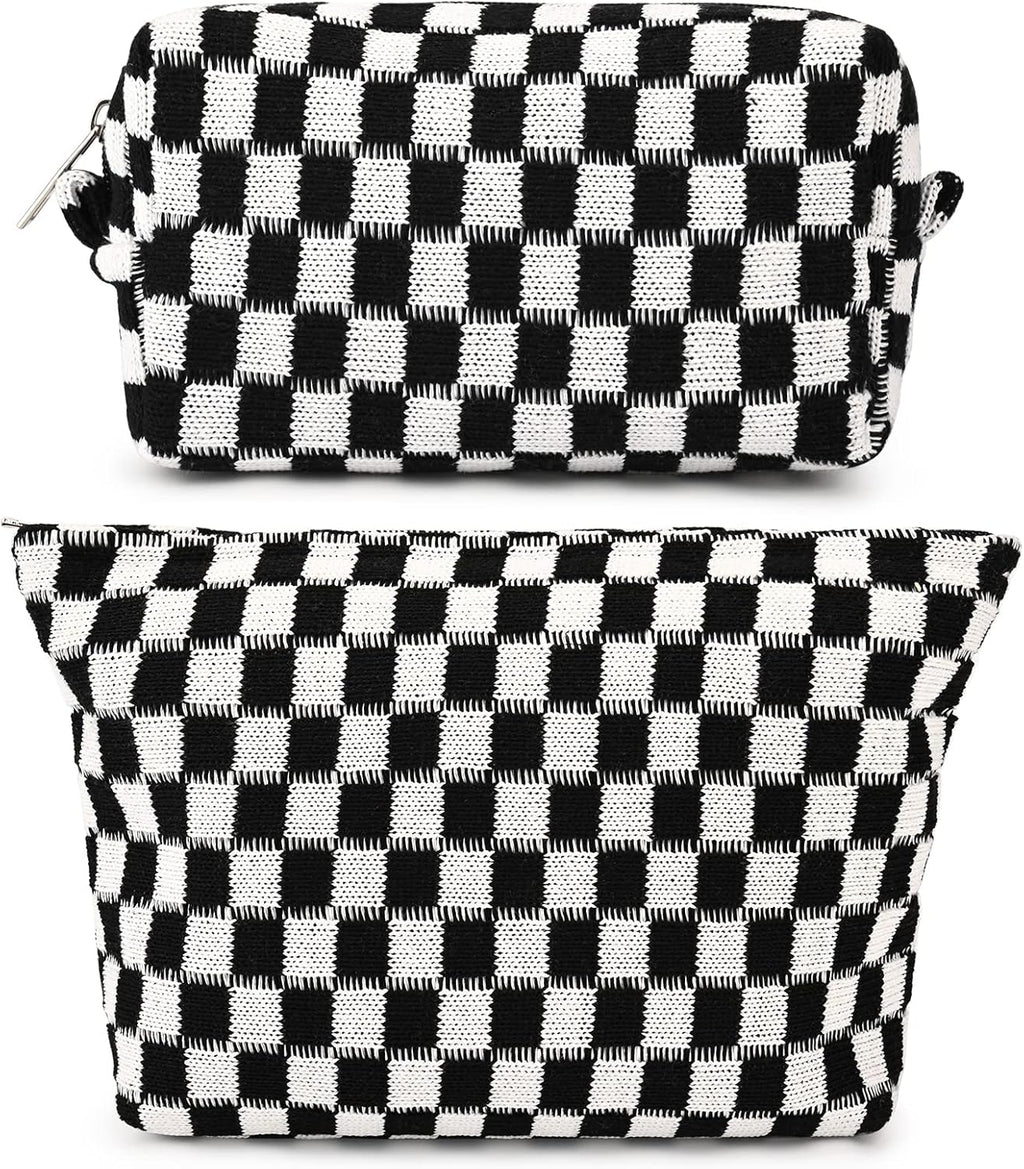 Checked Two-Piece Makeup Bag Set — Compact Cosmetic Organizer