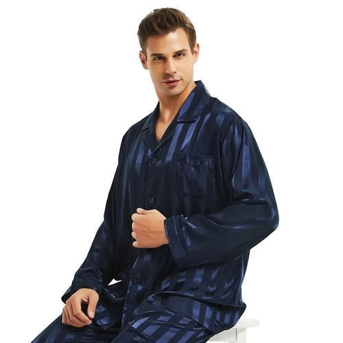 Herren-Satin-Pyjama-Set mit langen Ärmeln — Klassisches Streifendesign