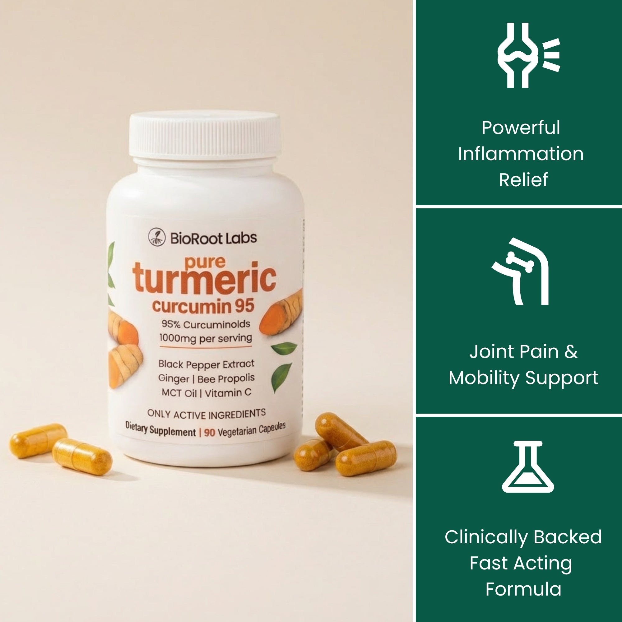 Cápsulas de suplemento de curcumina — 1000 mg, 95% de curcuminoides ativos