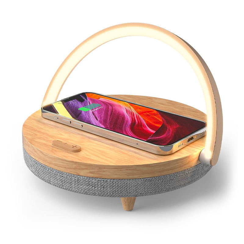 4-in-1 Bedside Lamp — Dimmable Light, Wireless Charging & Speaker