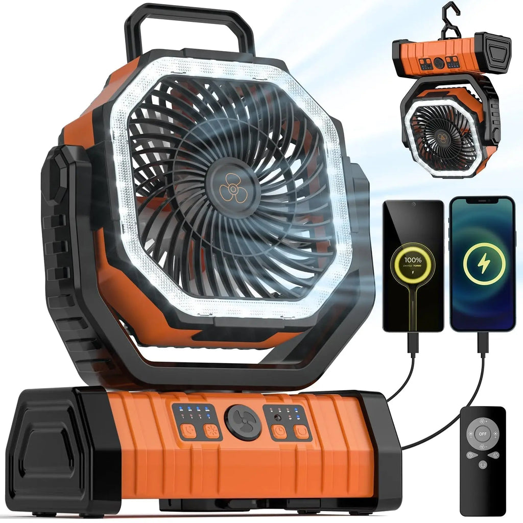 Wiederaufladbarer Campingventilator mit 20000mAh — LED-Licht, USB-Powerbank
