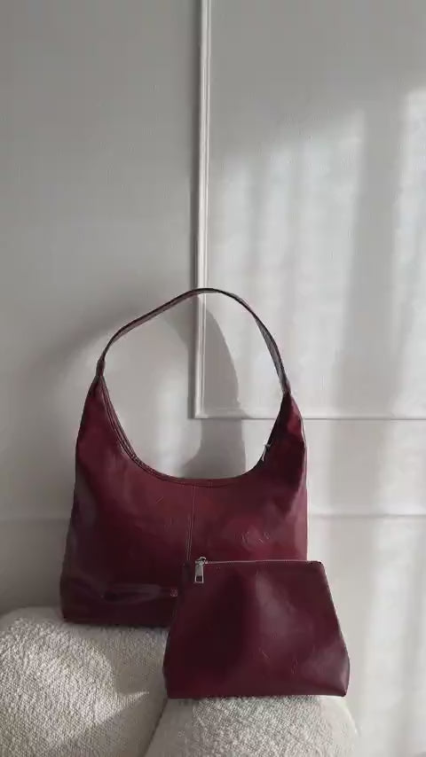 Saco de couro vintage envelhecido — inclui estojo de cosméticos