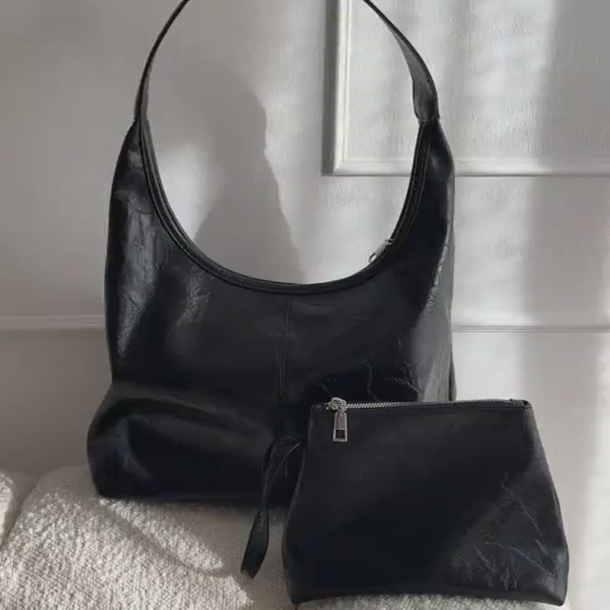 Saco de couro vintage envelhecido — inclui estojo de cosméticos