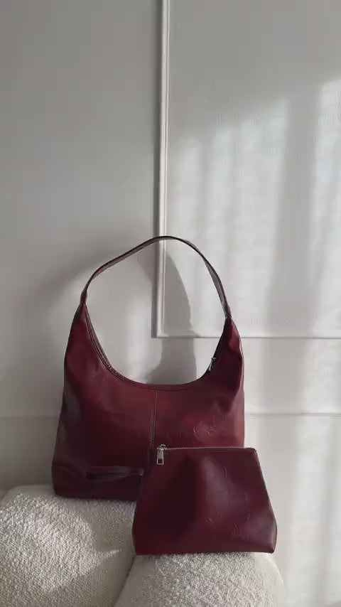 Saco de couro vintage envelhecido — inclui estojo de cosméticos