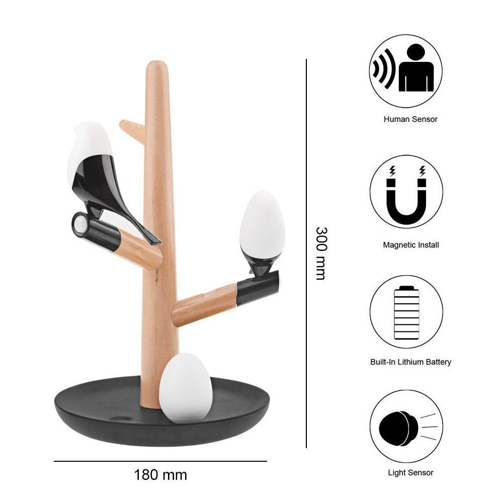 Nabíjecí chytrá lampa se stromem a ptákem — automatické teplé ambientní osvětlení