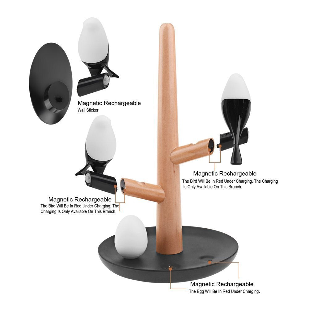 Nabíjecí chytrá lampa se stromem a ptákem — automatické teplé ambientní osvětlení