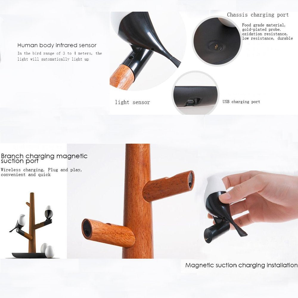Nabíjecí chytrá lampa se stromem a ptákem — automatické teplé ambientní osvětlení