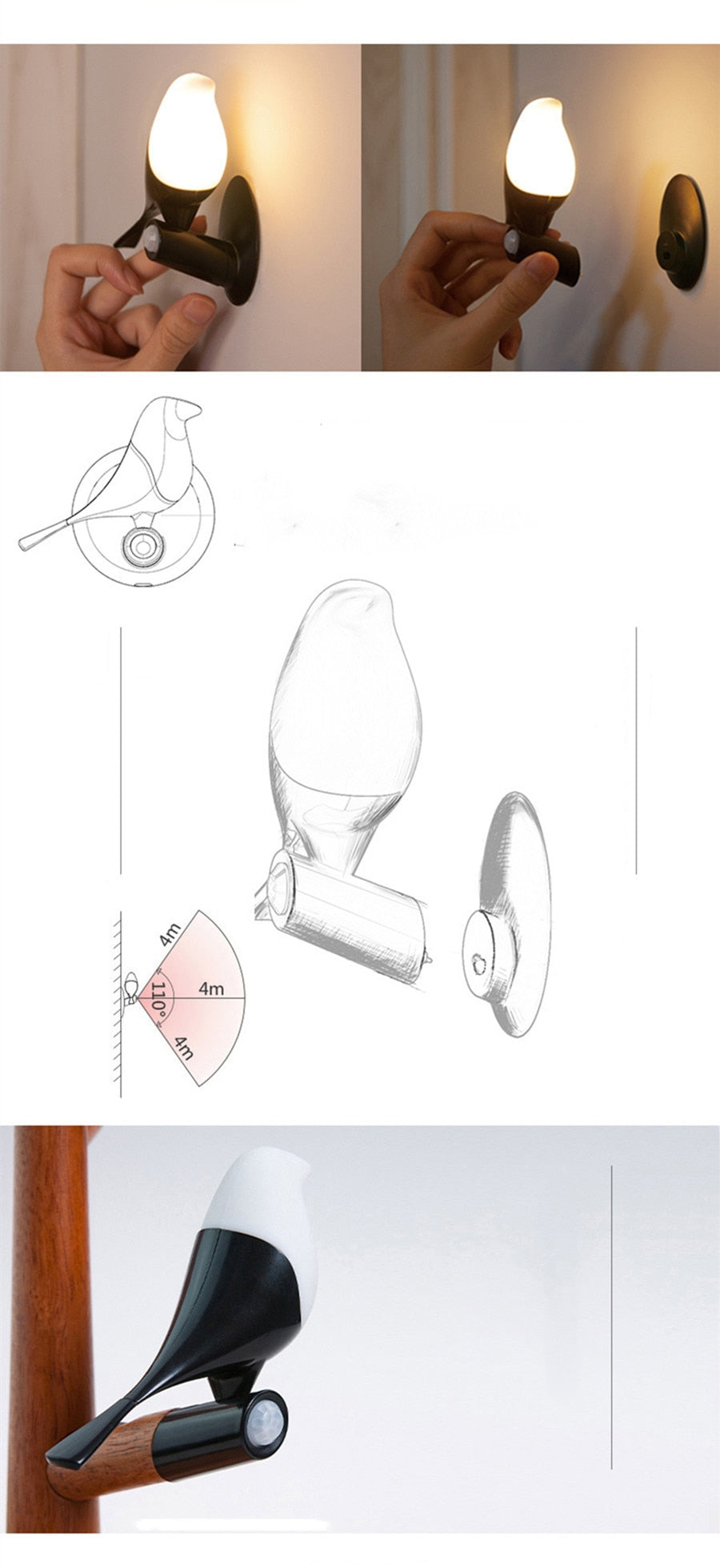 Nabíjecí chytrá lampa se stromem a ptákem — automatické teplé ambientní osvětlení