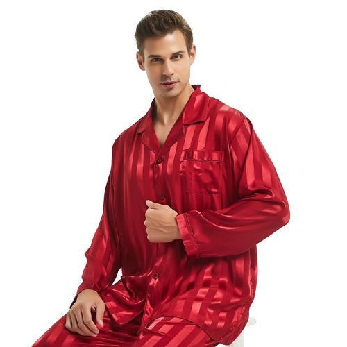 Herren-Satin-Pyjama-Set mit langen Ärmeln — Klassisches Streifendesign
